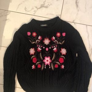 Orange Black Embroidered Coastal Granny Sweater